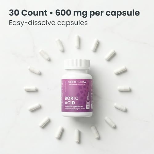Image of Seroflora Boric Acid Vaginal Suppositories for Women, for Vaginal Odor, 30 Count, 600mg. Made in the USA