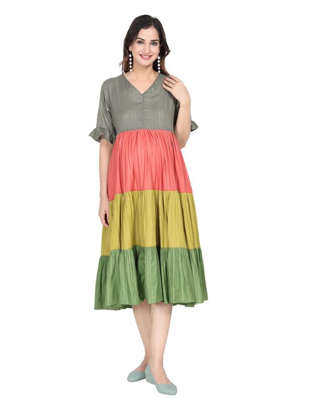 CHARISMOMICMaternity Dresses for Women, Vibrant Vogue Panelled Nursing Dress, Button Down Feeding Dress with 3/4 Rolled Sleeve & Hi-Low Design, Maternity Wear for Pre & Post Pregnancy