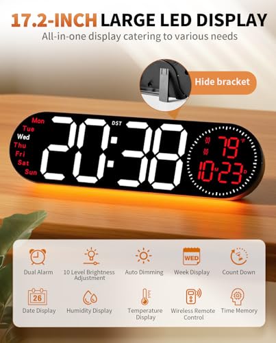 Image of 17.2 Inch Large Digital Wall Clock with 9 Color Changing Remote Control, Date Week Temperature, Auto Brightness Dimmer Big Clock Night Lights,Red