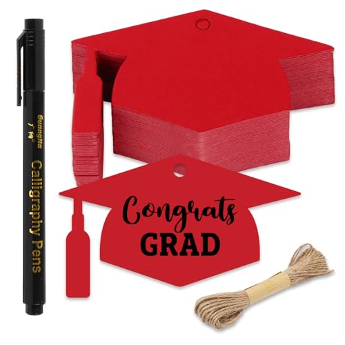Whaline 100Pcs Red Graduation Cap Gift Tags with Black Marker