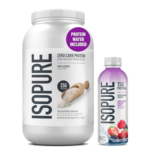 Image of Isopure Zero Carb 100% Pure Whey Isolate Unflavored Protein Powder 3 Lbs + 1 Bottle of Clear Protein Water with Electrolytes, 15g Whey Protein Isolate, Zero Sugar, Mixed Berry, 20 fl oz Bottle