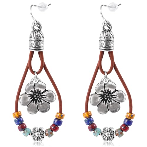 Boho Flower Earrings, Vintage Dangle Drop Handmade Nature Stone Earrings Bohemian Vintage Floral Dangle Drop Dangling Country Concert Outfits Accessories for Women Gift