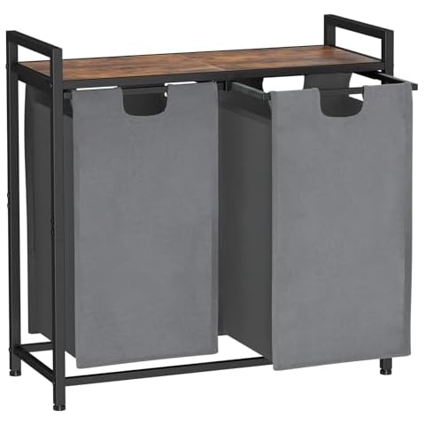 AMHANCIBLE Laundry Hamper, Laundry Basket, Laundry Sorter with 2 Pull-Out and Removable Bags, Dirty Clothes Hamper for Bathroom, 2 x 12.1 Gallons (46L), Rustic Brown+Grey HLS02BG Cover
