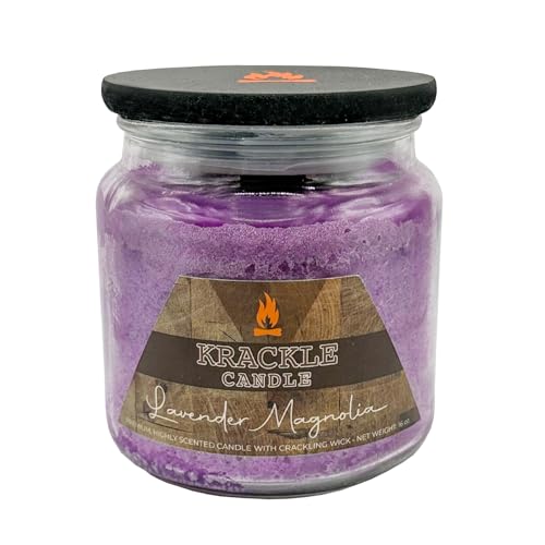 Image of Krackle Candle | Lavender Magnolia | 16 oz Scented Candle with Natural Crackling Wooden Wick | Poured in the USA | Lavender & Magnolia Blossom Fragrance