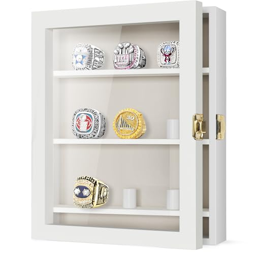 Image of TJ.MOREE 9 Rings Championship Ring Display Case 8x10 Wall Mount Wooden | Shadow Box with Locks to Show Sport, Class, Fraternity, and Award Rings, White