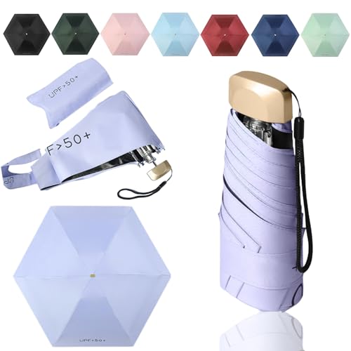 Tirimbeles® Paraguas Plegable Mini | Mini Paraguas Plegable de Viaje Compacto y Ligero | Sombrilla Plegable Protección UV 50+ | Funda de Tela | Ideal para Lluvia y Sol en Viajes o Vacaciones (Lila)