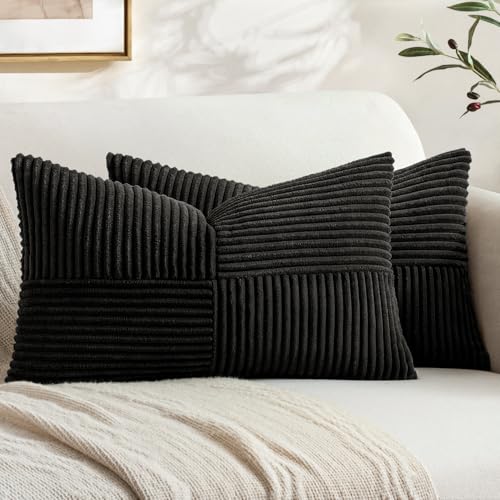 Image of MIULEE Black Decorative Lumbar Throw Pillow Covers 12x20 Inch for Couch Bed Sofa Pack of 2 Boho Farmhouse Throw Pillows Soft Cross Corduroy Patchwork Textured Cushion Cases