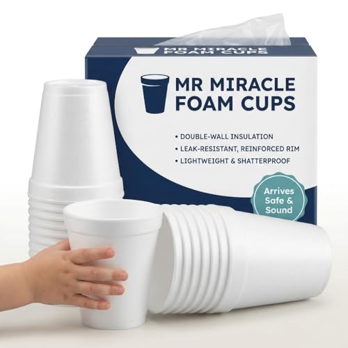 Mr Miracle 8 oz Styrofoam Cups Disposable Foam Coffee Cups (50 Pack) Insulated White Foam Cups for Hot & Cold Drinks Comparable to Industry Standard 8J8 Foam Cups Made in USA