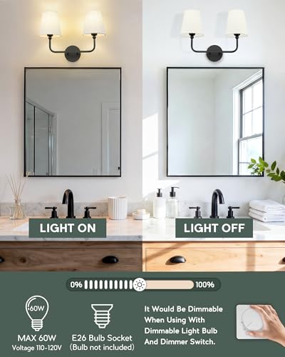 Image of 2-Light Bathroom Light Fixtures, Matte Black Vanity Lights, Double Wall Sconce with Beige Fabric Shade, Modern Sconces Wall Lighting for Hallway Bedroom Stairway, VL837-MB-B-2