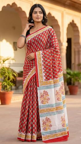 Image of Mulmul Cotton Saree for Women with Blouse Piece | Ajark Sarees | Hand Block Prints Sari | Bagru Print | Soft Mul Cotton Sadi