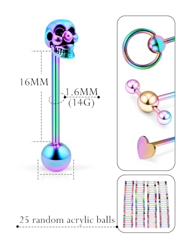 14G Silver/Rose-Gold/Rainbow Tongue Rings Piercing Jewelry for Women Men Work Surgical Steel Metal Tounge Barbell Acrylic Balls Set 29pcs2
