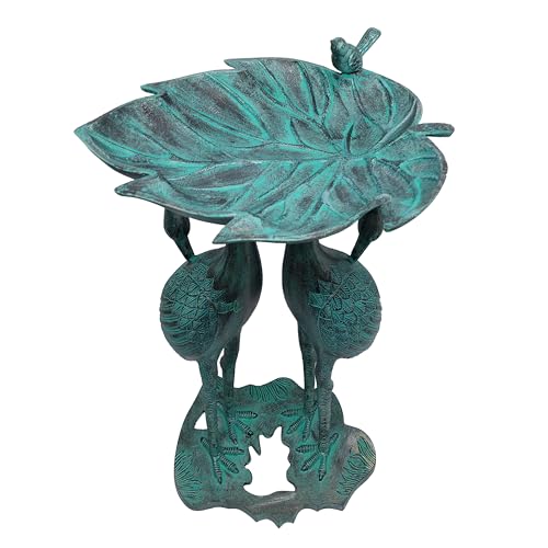 Image of Oakland Living 5608-GBK Cast Aluminum 30-in Twin Crane Black Patina Bird Bath with Leaf Bowl Birdbath
