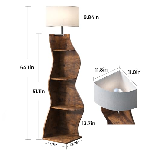 Image of Evermagin 4 Tier Corner Shelf with Light, 64'' Tall Corner Bookshelf with Unique Shape, Stylish Wavy Bookcase Tower with Storage Organizer for Small Space, Living Room, Bedroom (Rustic Brown)