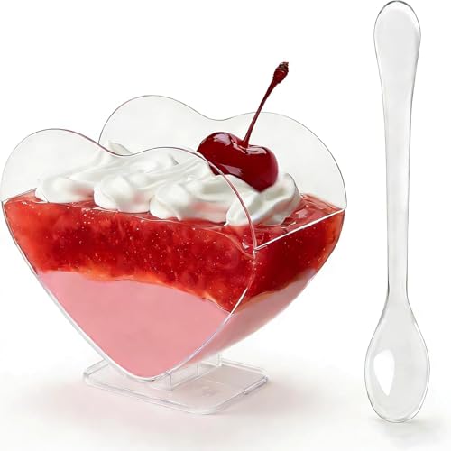 Qeirudu 100 Pack 2.7 oz Heart Shaped Mini Dessert Cups with Spoons Small Clear Parfait Cups Plastic Party Serving Cups for Mousses Puddings Fruits