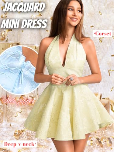 Image of ShawGobow Jacquard Corset Dress,Deep V Halter Mini Dresses with Bow Back,Sexy Birthday Outfits Women Homecoming Prom Formal