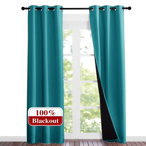 Image of NICETOWN Peacock Teal Blackout Curtains 84 inches Long, Full Light Blocking Drapes with Black Liner for Nursery, Noise Reducing Thermal Insulated Draperies for Doorway (2 Pieces, 37 inch Wide Each Panel)