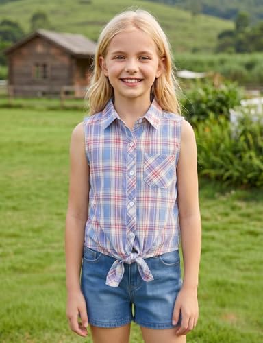 Image of Noomelfish Girls Sleeveless Button Down Shirt Tie Knot Blouse Western Cowgirl Outfit (5-12 Years)