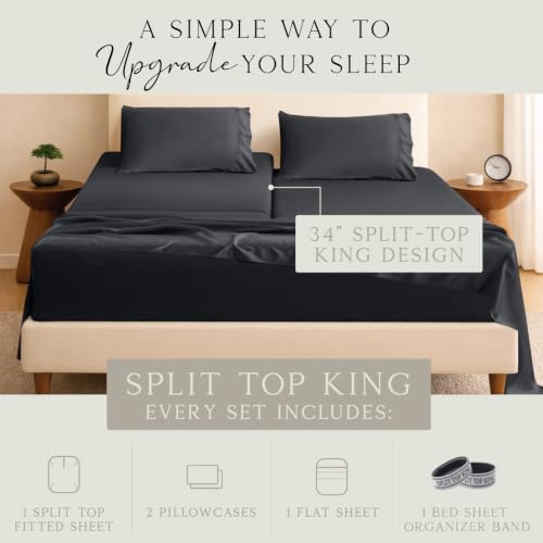 Image of KARISSA MAE Bamboo Viscose 34 inch Split Top King Size Sheet Set, FSC Certified | Single 34 inch Split Fitted Sheet | Sleep Number & Adjustable Bed | Cooling | 18 inch Deep Pocket w / Corner Straps [Black]