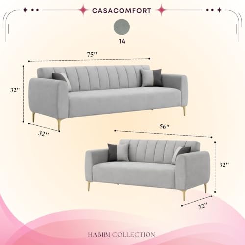 Image of Habibi Rich Velvet Suede 3+2 Seater Sofa Set | Spacious Soft Touch Comfort Seating | 5 Person Seating | Modern Living Room Sofa Set (Light Gray)