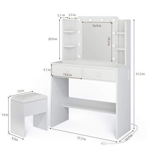 Image of Haewon Makeup Vanity Desk with Lighted Mirror and Chair Set, White