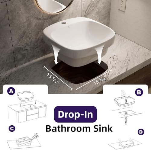 Image of 17″L x 17″D Drop-In Bathroom Sink with Included Pop-Up Drain, Los Flexi White Semi-recessed Bathroom Sink for Vanity, Modern Square Vessel Sink, One Faucet Hole, Above Counter Basin for Small Bathroom