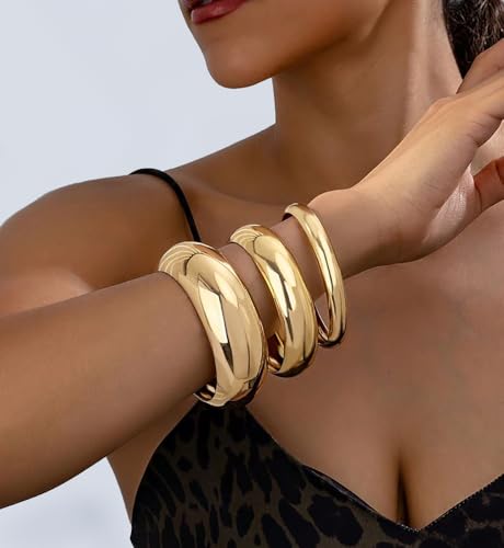 Image of Chunky Gold Bangle Bracelets for Women, Dainty 14k Gold Plated Big Stackable Bangles Set, Trendy Statement Cuff Bracelet Stack Fashion Jewelry Gifts
