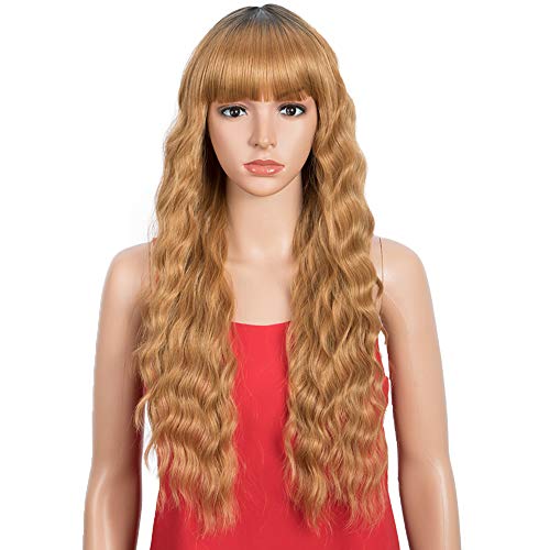Spotlight Long Wavy Wig with Bangs for Women Black Root with Ombre Brown Heat Resistant Fiber Wigs 130% Density Natural Looking Colorful Cosplay Party Wigs (Ombre Brown Color, 26 INCH)