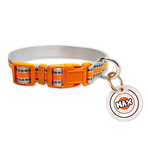 Image of Pawsindia Reflective Collar with Name Tag for Small & Medium Nylon Dogs, 0.75 Inches Wide and Adjustable Length Comes with Customize Name Tag - Orange
