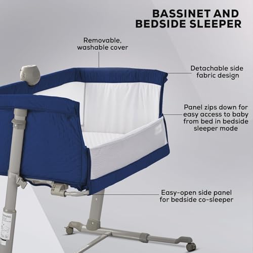 Image of BAYBEE Premium Pro Bedside Crib Cradle for Baby | Bassinet for New Born with 6 Height Adjustable & Rocking Mode | Foldable Cot with Mosquito Net & Storage | Portable Bedside Baby Cribs & Cots (Dblue)