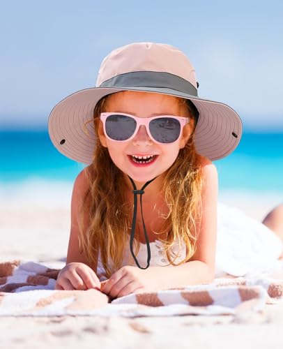 Kids Sun Hats Sunglasses and Hat Clip Set Wide Brim Summer Hats UV Protection Beach Cap with Ponytail Hole2