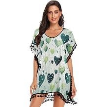 Repeat Pattern Green Heart Womens Beach Cover Up Chiffon Tassel Swimwear Swimsuit Coverups for Girl