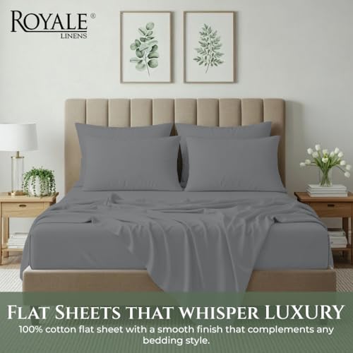 Image of Royale Linens 100% Organic Cotton King Size Flat Sheet Only - Percale Top Sheets - King Flat Sheet Sold Separately - Lightweight & Super Soft 100% Cotton Grey Bed Sheets Only (105 inch x 102 inch, Grey)