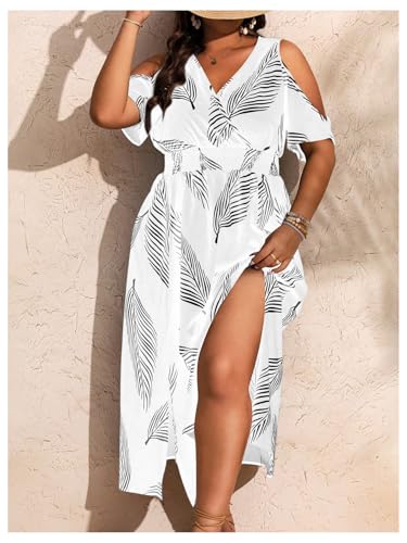 Image of Floerns Women's Plus Size Cold Shoulder Tropical Print V Neck Flared A Line Long Dress