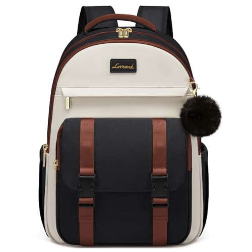 LOVEVOOK School Backpack for Teen Girls, Cute Student Backpack Purse Kid Bookbag for 14-16 Teenage, Back to School Backpacks Fit 15.6 Inch Laptop, Large College Travel Bag, Black-Beige-Brown