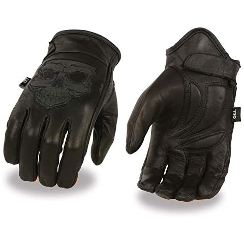 Milwaukee Leather MG7570 Mens Reflective Skull Premium Leather Short Wrist Gel Palm Driving Gloves - black - Medium Cover