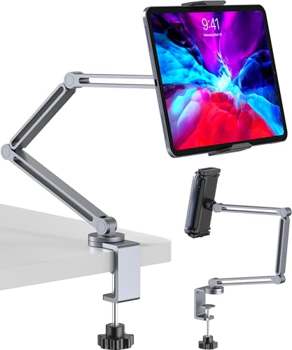 YICOSUN Tablet Arm Mount with Super Grip, Adjustable Foldable Holder & Heavy Duty Aluminum 360° Rotating Clamp for iPad, Phone, Monitor, Kindle - Universal for Desk, Bed, Kitchen - Gray
