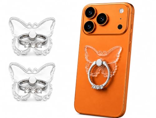 Image of Mizi 2-Pack Butterfly Phone Ring Holder Stand, 360 Rotating Finger Grip Kickstand - Sparkling Rhinestones, Strong Adhesive Transparent Phone Ring - iPhone, Samsung, Tablets & Most Phone Cases, Clear