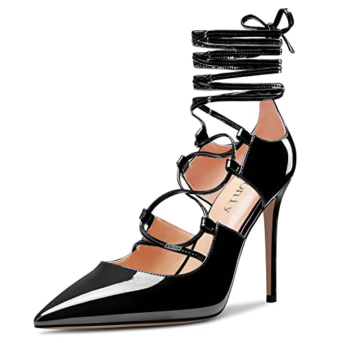 DearOnly Womens Ankle Strap Lace-up Gladiator Pumps Close Pointed Toe High Stiletto Heel Sexy Wedding Prom Shoes 3.9 Inches Heels
