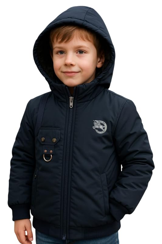 Krystle Stylish Kids Jacket | Boys Hooded Winter Coat | Warm Fleece Lined Zipper Jacket (Blue,Multisize)