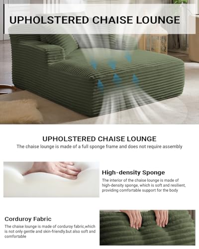 Image of 67 Inch Chaise Lounge Chair Indoor, Oversized Corduroy Upholstered Boneless Sofa Bed, Deep Seat Sleeper Couch Reading Chairs, Cloud Sofas Couches for Living Room, No Assembly Required (Olive Green)