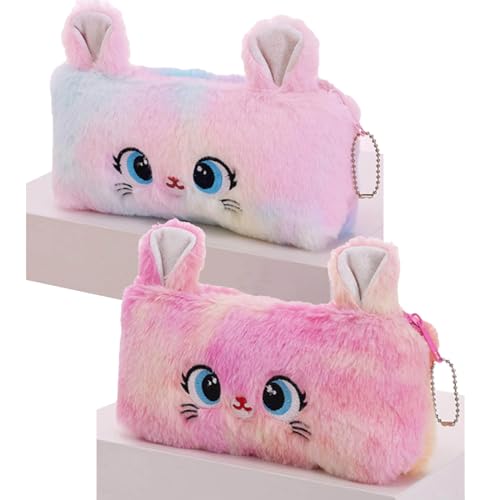 BetterJonny Lot de 2 Trousses à Crayons en Peluche, Jolie Trousse à Crayons Arc-en-Ciel pour Filles avec Motif de Chat Mignon - Rose