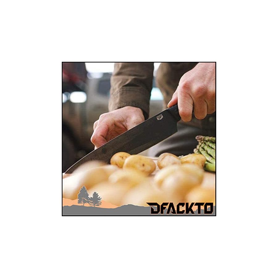 DFACKTO - 11 Piece Premium Rugged Chefs Knife Set with Sheaths and Case for Kitchen and Camping, Stonewashed High Carbon Stainless Steel Knives in Travel Kit, G10, Black Cooking BBQ Utensils