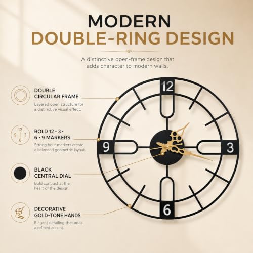 Image of 40 cm Metal Wall Clock, Black | Silent Non-Ticking, Skeleton Design, Modern Iron Analog, For Living Room, Bedroom, Hall, Office & Home Decor