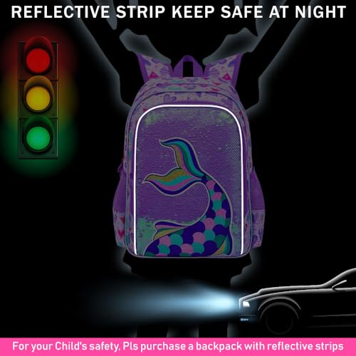 Image of CCJPX 16 inch Mermaid Backpack for Girls, 3Pcs Kids Sequin Bookbag with Lunch Box, Water Resistant Elementary School Bag for Kindergarten Preschool Toddler (Purple)