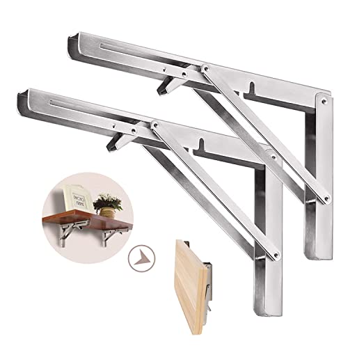 2 Pack Folding Shelf Brackets 8 Inch, Heavy Duty Stainless Steel Shelf Brackets Wall Mounted Space Saving for Table Work Bench, Max Load 180 lbs