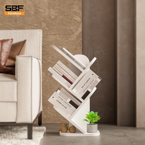 Image of SBF Furniure 5-Tier Modern Tree Bookshelf - Freestanding Black Bookcase for Home & Office | Space-Saving Vertical Display Shelf for Books, Decor & Plants (White1)