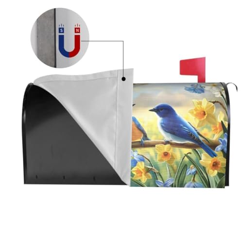 Image of Spring Summer Flowers Magnetic Mailbox Covers Standard 18 X 21 Inch Blue Birds Daffodils Floral Mailbox Cover Waterproof Post Wraps Spring Mailbox Cover for Garden Yard Home Decoration