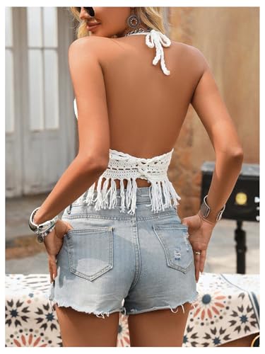 Verdusa Women's Fringe Y2k Halter Crop Top Boho Tie Back Western Backless Knit Vest Going Out Tops2