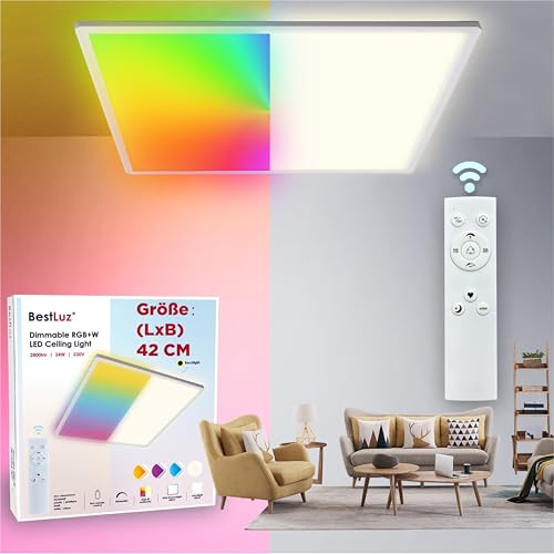 BestLuz LED Deckenlampe Deckenleuchte 42x42 CM 24W RGBW + Neutralweiß 4000K mit Backlight Effekt Fernbedienung LED Panel für Badezimmer Schlafzimmer Wohnzimmer Küche, Ultra Dünn