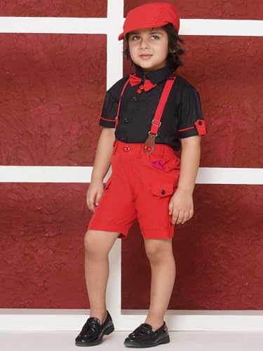 Image of AJ DEZINES Kids Clothing Cotton Blend Solid Shirt Shorts With Cap and Suspender Set For Boys
